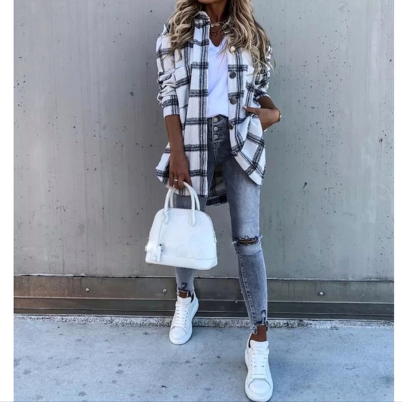 New Boho Chic Oversized Plaid Flannel Button Up Shacket Jacket Shirt Black White - Picture 4 of 10
